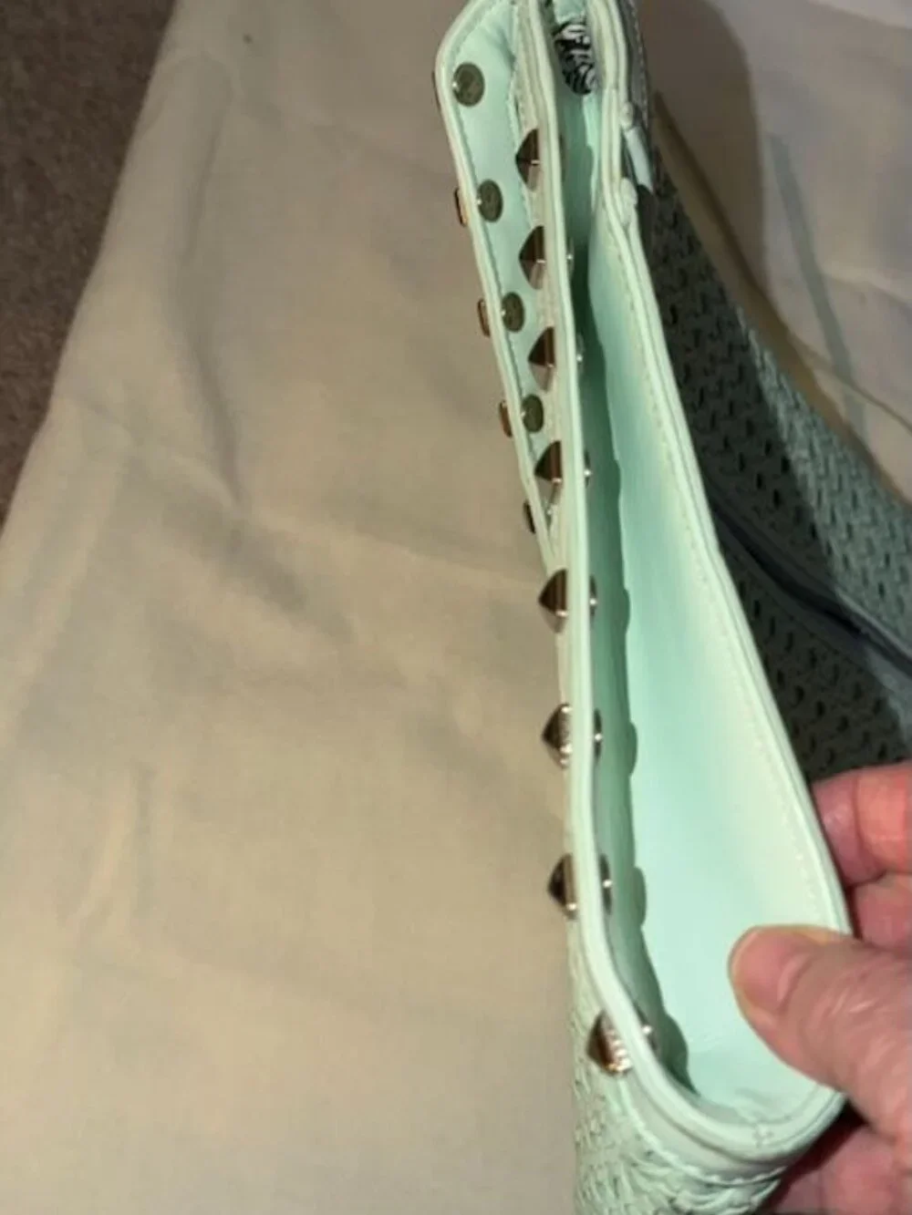Rabecca Minkoff Leather Mint green Large envelope silver Accent studs woven Clut